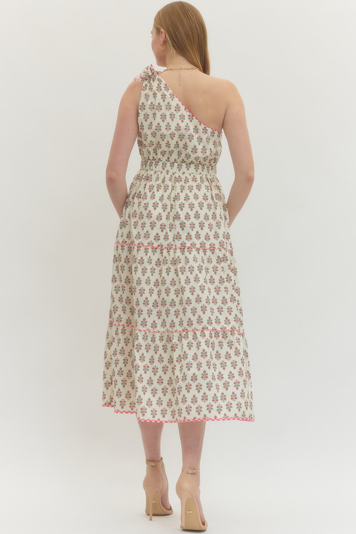 Floral Print One-Shoulder Sleeveless Midi With Bow Tie Shoulder Accent