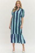 Blue/Green Striped Midi Dress