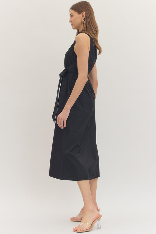 Black Sleeveless Midi Dress with Waist Tie