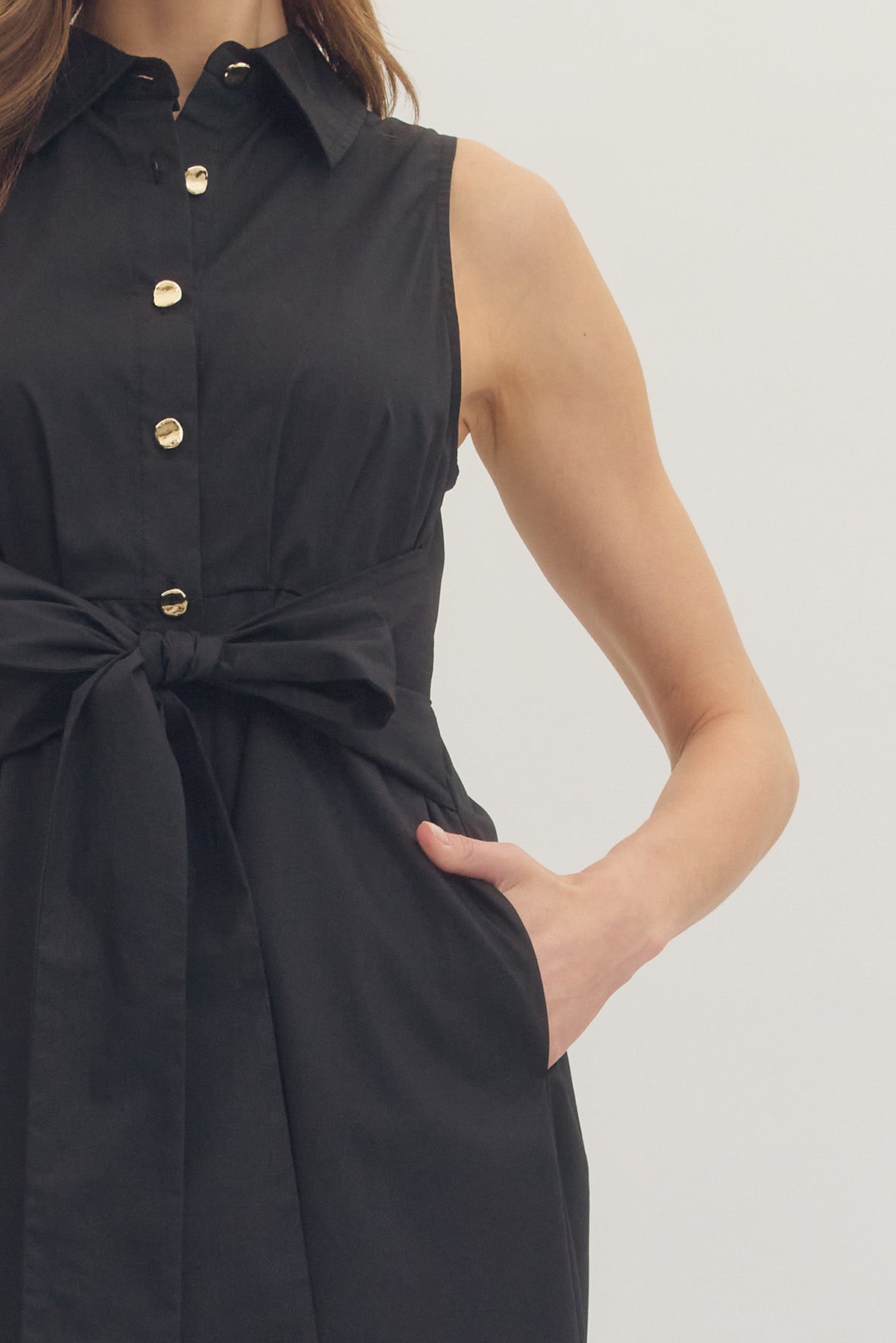 Black Sleeveless Midi Dress with Waist Tie