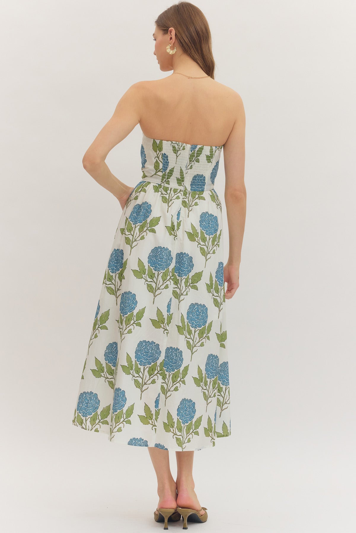 White & Blue Floral Strapless Midi Dress