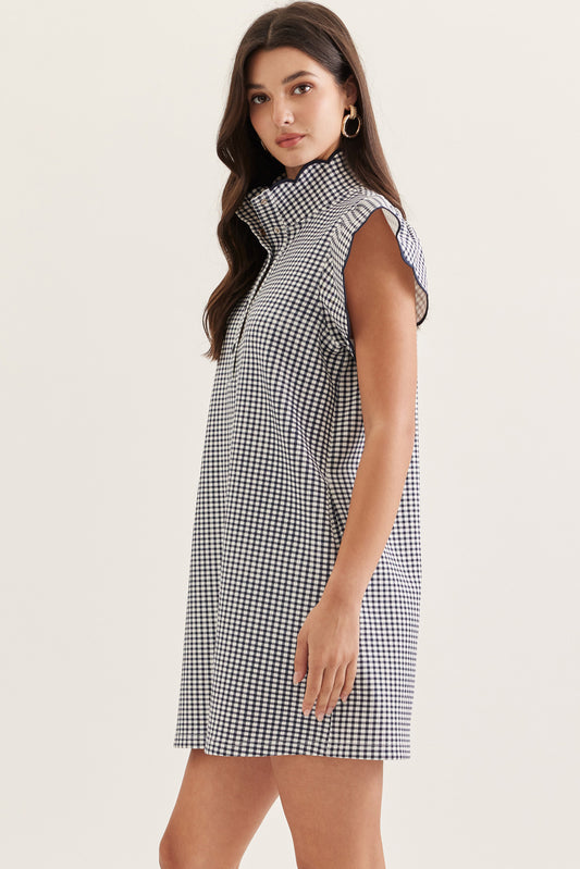 Navy Gingham Flutter Sleeve Mini Dress