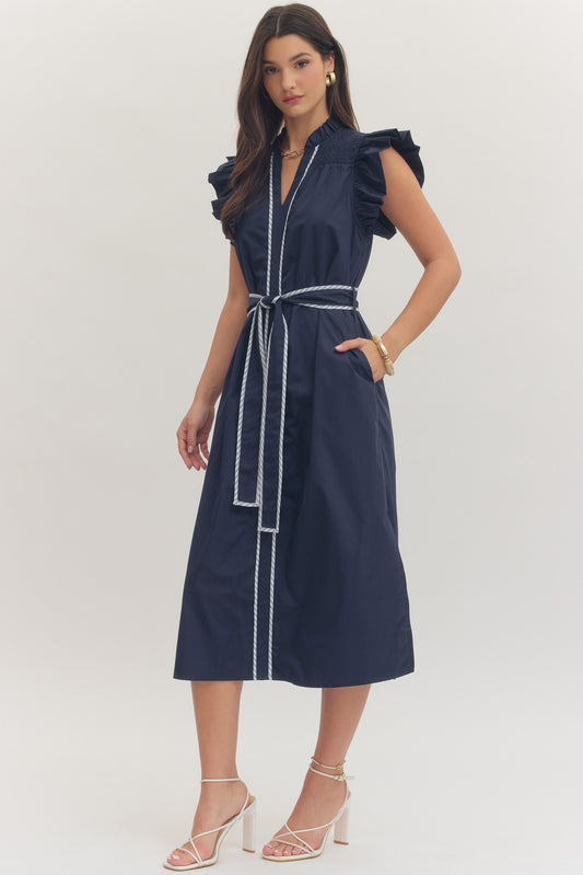 Navy Solid Cap Sleeve Midi with Contrast Trim