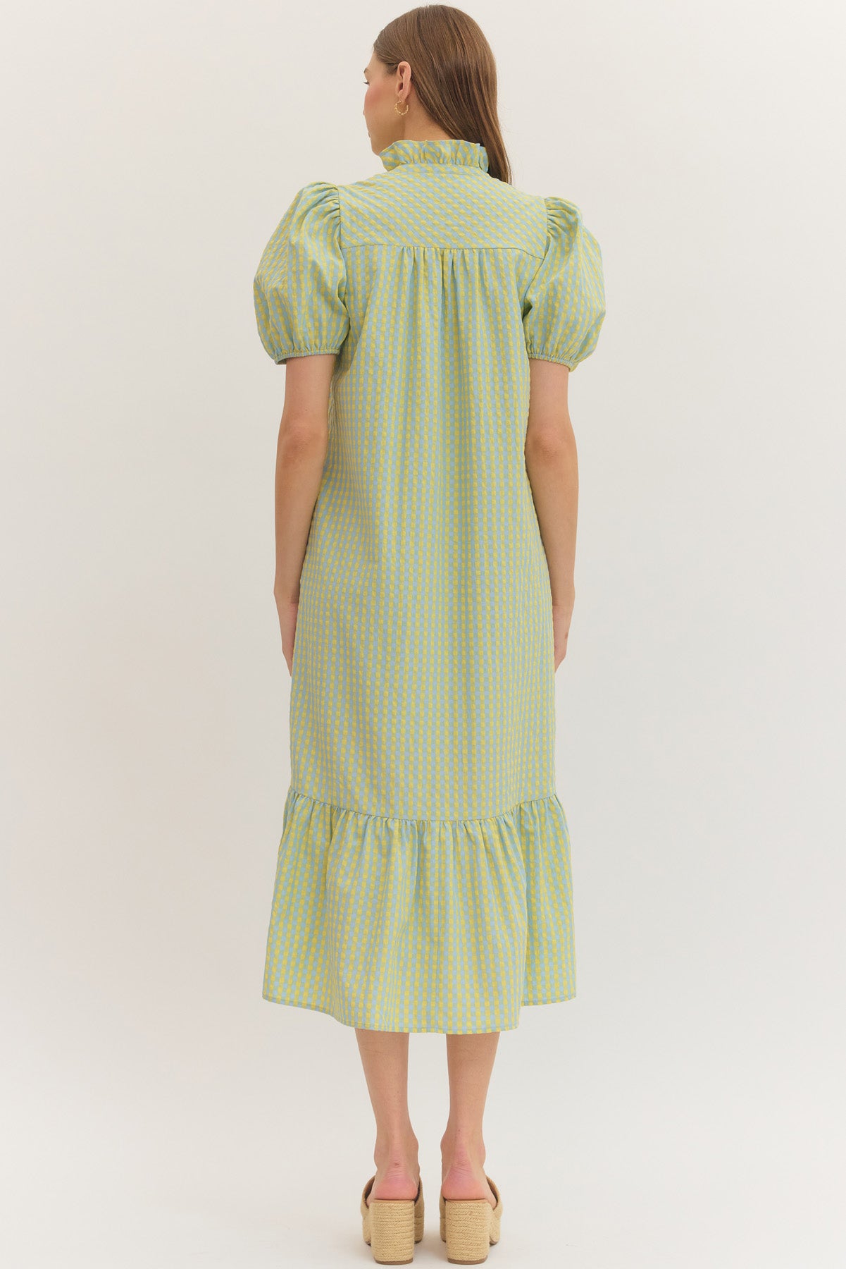 Blue/Yellow Gingham Puff Sleeve Midi
