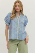 Floral Short Puff Sleeve Top With Gingham Binding