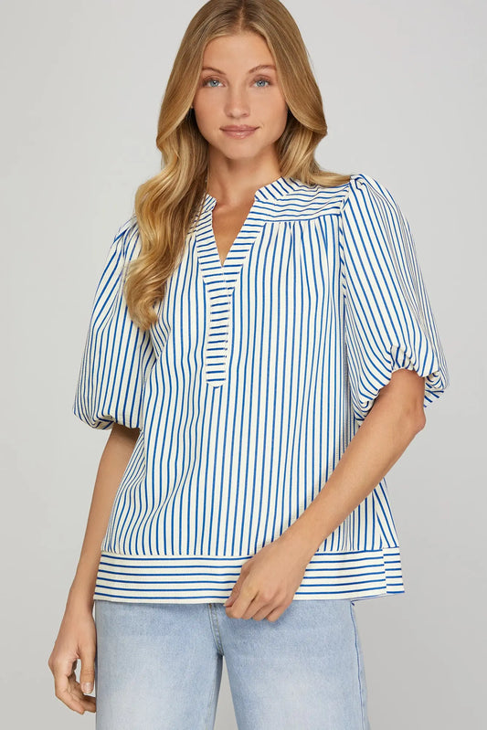 BUBBLE SLEEVE STRIPED WOVEN TOP image 0