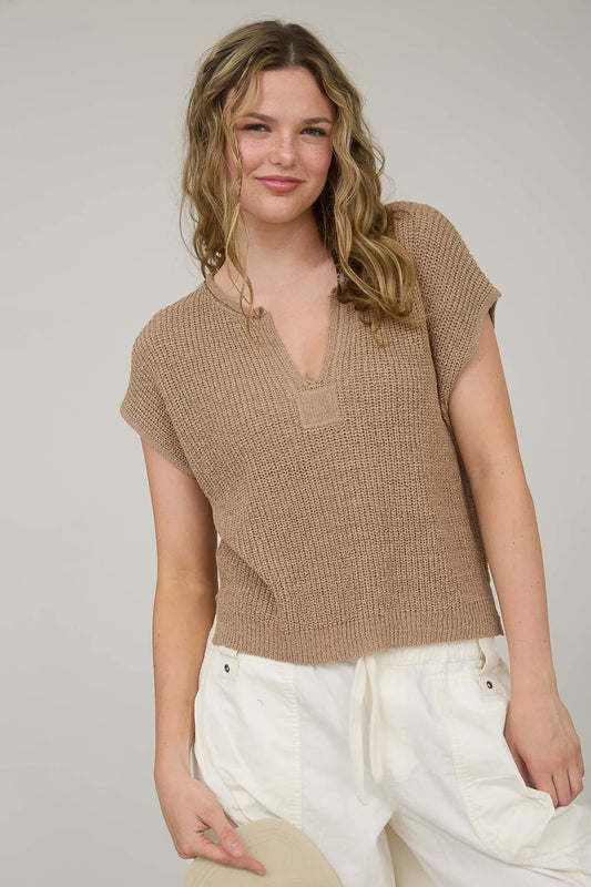 Tan Split Neck Short Sleeve Pullover image 1