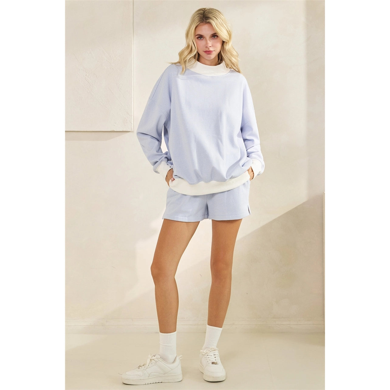 Blue Striped Mock Neck Sweatshirt and Short Set
