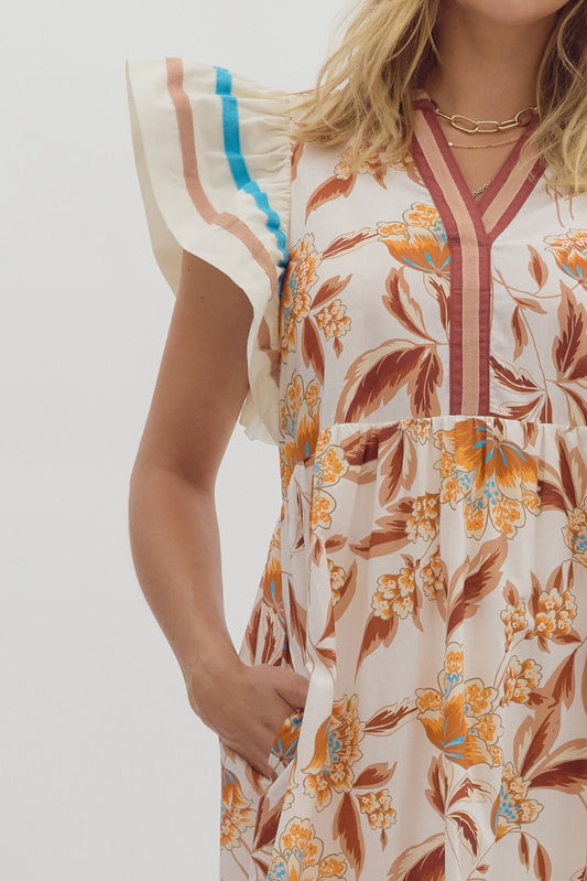 Cream Floral Print Flutter Sleeve Midi Dress image 1