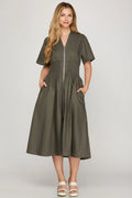OLIVE SHORT SLEEVE SMOCKED WAIST FRONT ZIP MIDI DRESS image 0