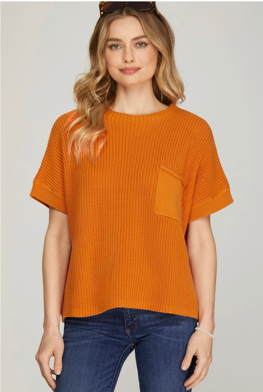 Pumpkin Short Sleeve Sweater With Front Pocket image 0