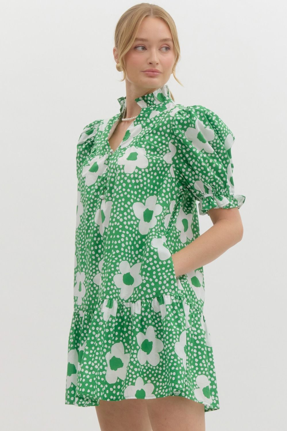 Green with White Flowers Mini Dress image 2