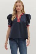 Navy Solid Top with Plaid VNeck Band image 0