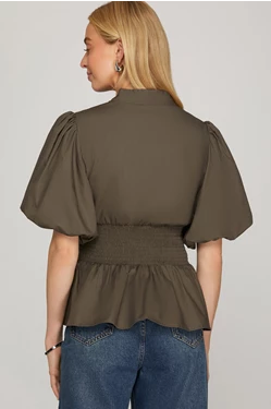 OLIVE PUFF SLEEVE SMOCKING FRONT ZIPPER WOVEN TOP WITH ELASTIC WAISTBAND image 1