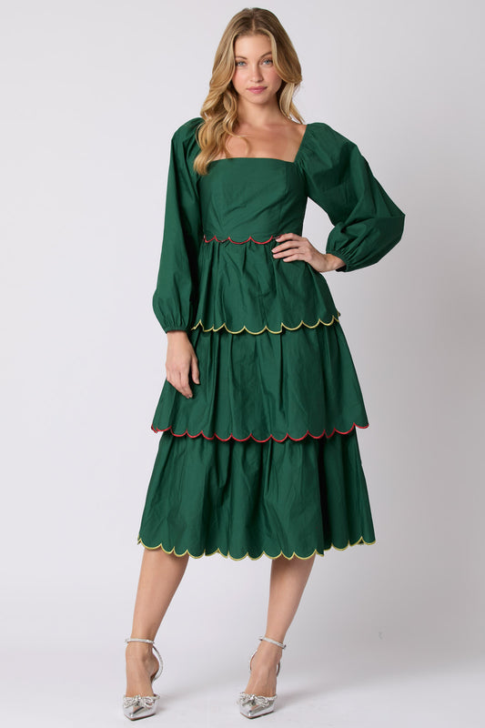 Hunter Green Hand Embroidery Tiered Scallop Maxi image 1