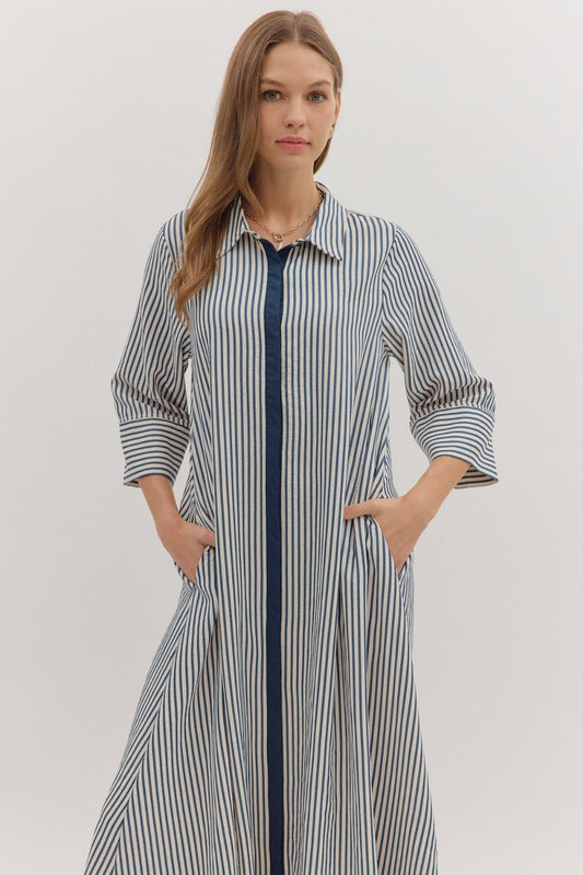 Indigo Striped 3/4 sleeve Midi dress image 1