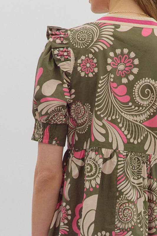 Olive Paisley Midi Featuring Multicolor Band V neck image 1