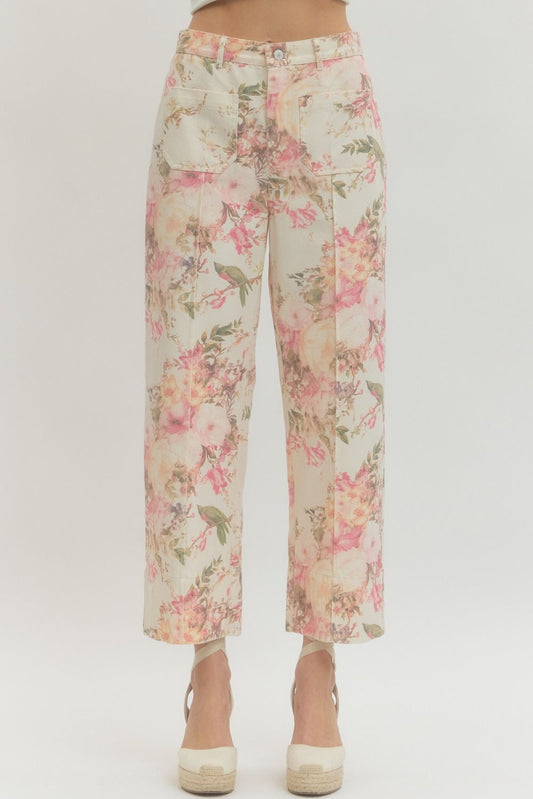 White & Pink Floral Straight Leg Pant