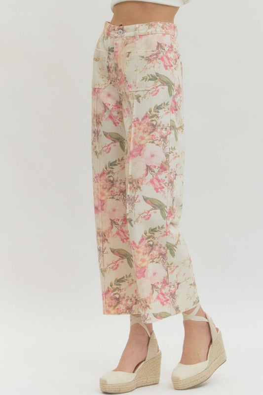 White & Pink Floral Straight Leg Pant