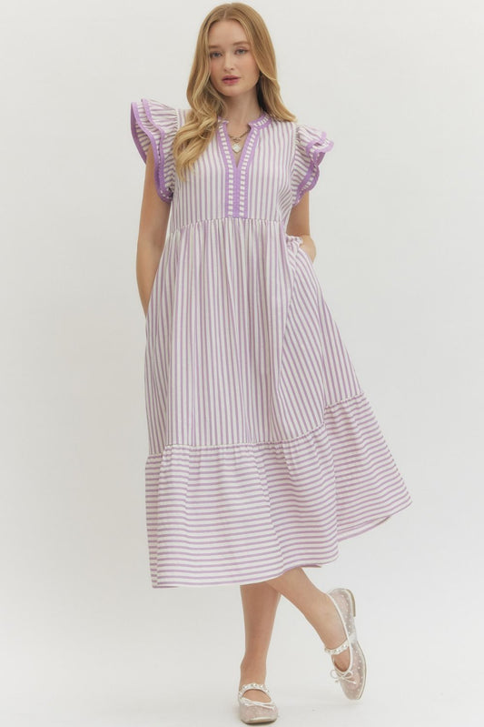 Textured Stripe Tiered Flutter Sleeve Midi