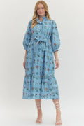 Floral Print Ruffled Neck 3/4 Sleeve Midi