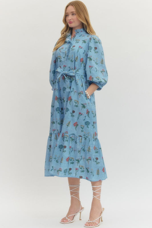 Floral Print Ruffled Neck 3/4 Sleeve Midi