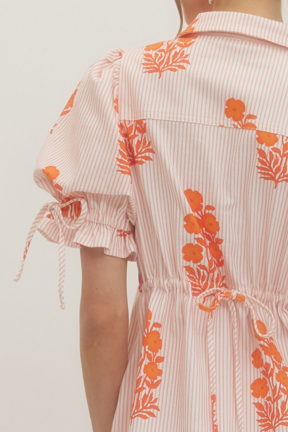 Striped Floral Puff Sleeve Mini with Drawstring Waist