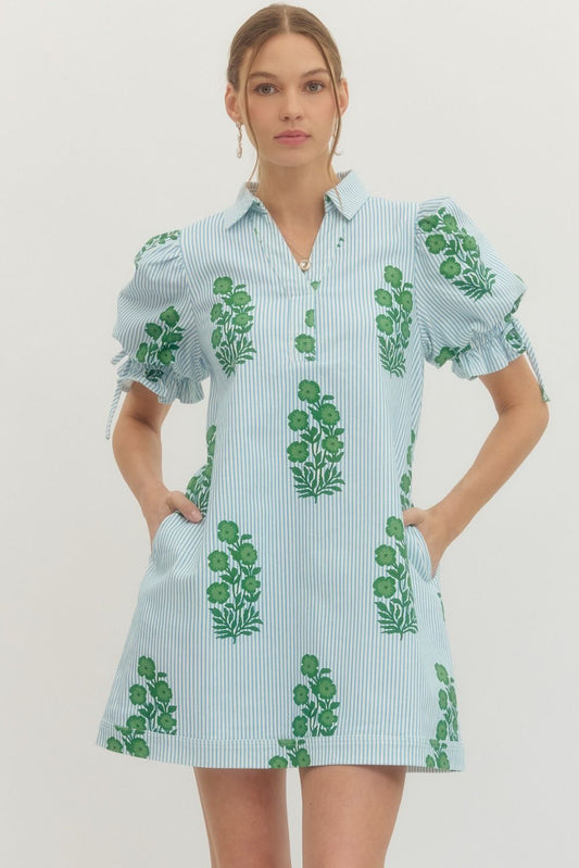 Striped Floral Puff Sleeve Mini with Drawstring Waist