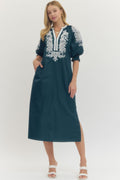 Embroidered V-neck Half Sleeve Midi Dress with White Trim