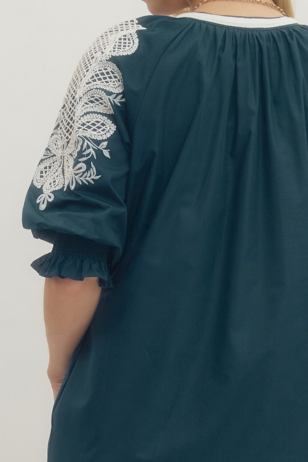 Embroidered V-neck Half Sleeve Midi Dress with White Trim
