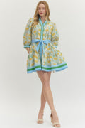 Lemon Floral Print 3/4 Sleeve with Tie Belt