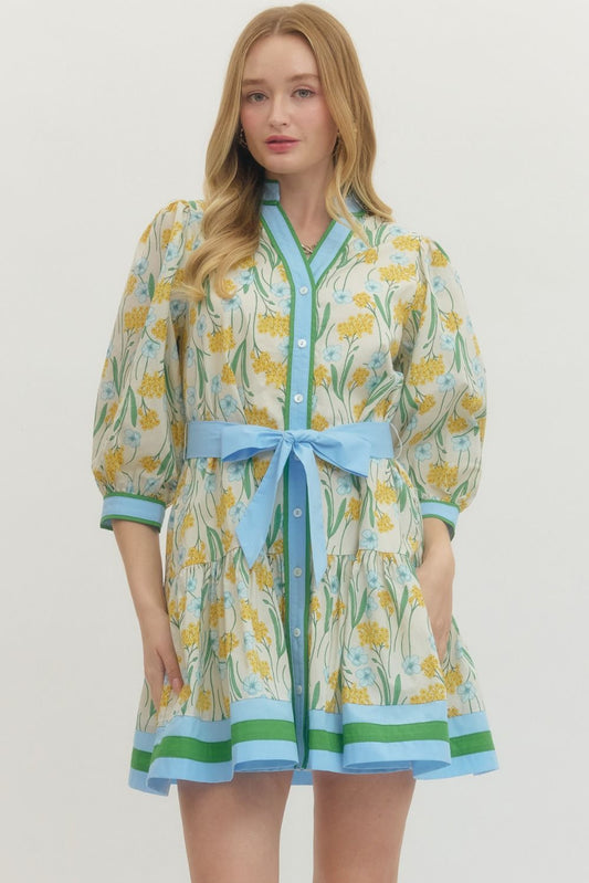 Lemon Floral Print 3/4 Sleeve with Tie Belt