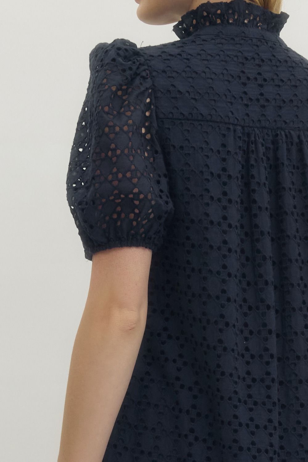 Eyelet Ruffled Mock Neck Midi