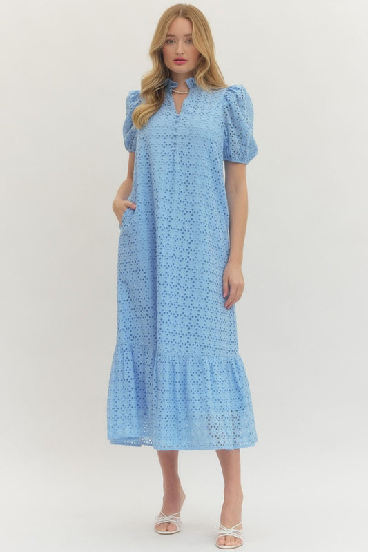 Eyelet Ruffled Mock Neck Midi