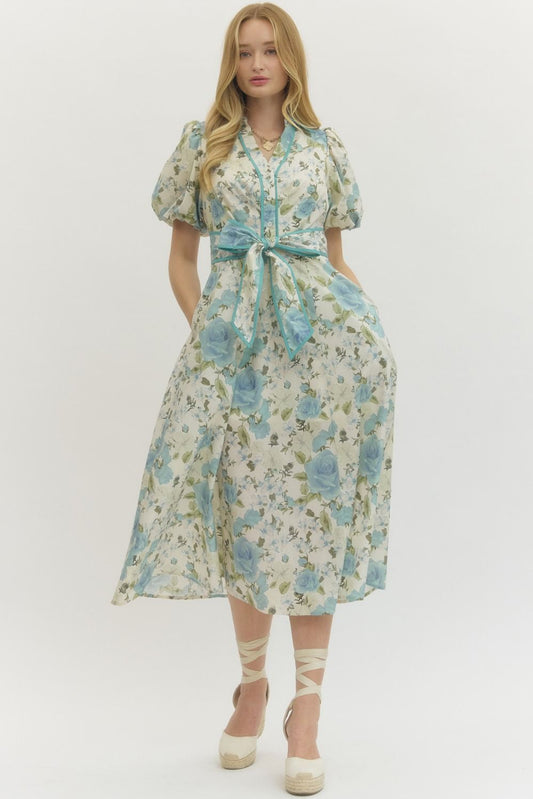 Blue Floral Puff Sleeve Midi with Self Tie Sash