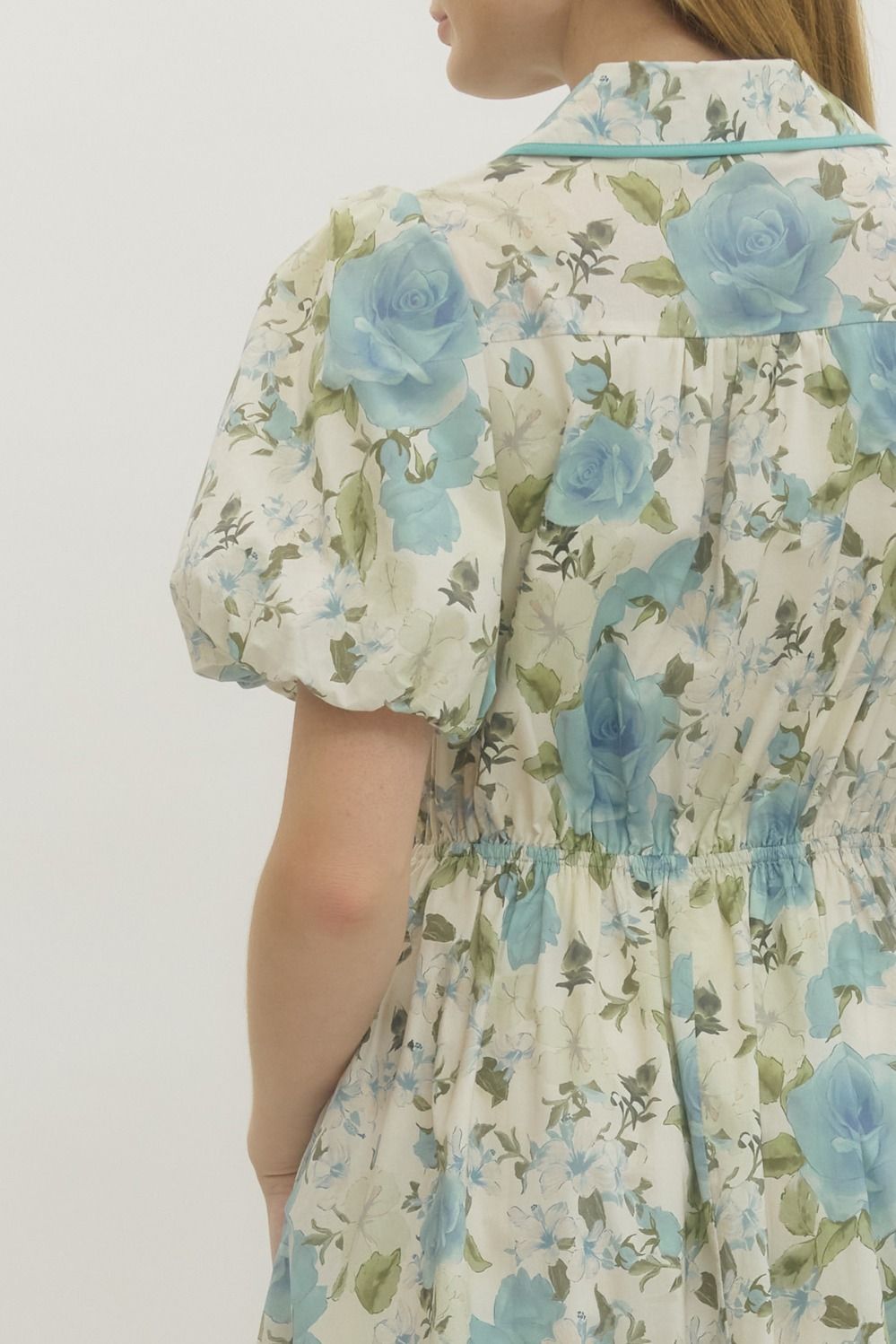 Blue Floral Puff Sleeve Midi with Self Tie Sash