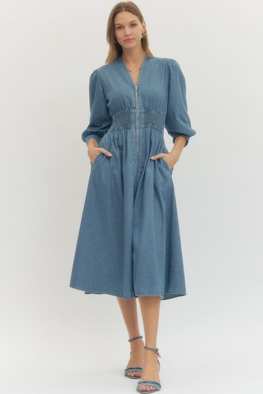 Solid Denim 3/4 Sleeve Midi with Smocked Waist