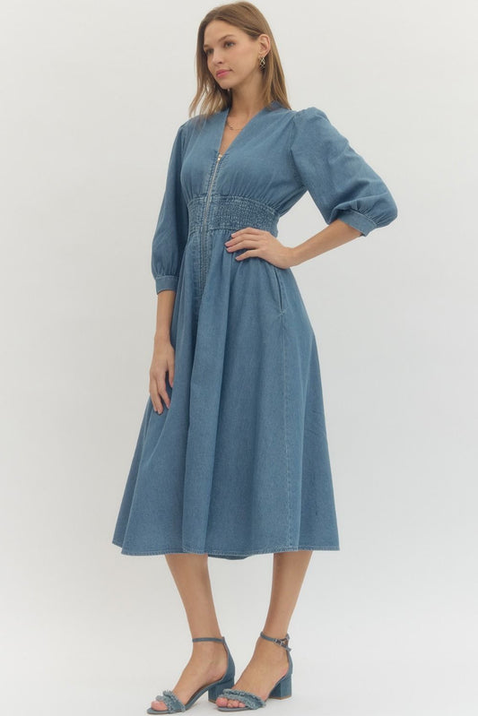 Solid Denim 3/4 Sleeve Midi with Smocked Waist