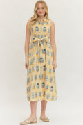 Gold Sleeveless Botanical Print Midi