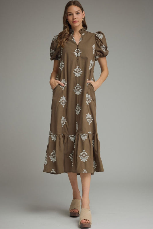 Botanical Embroidery Puff Sleeve Midi