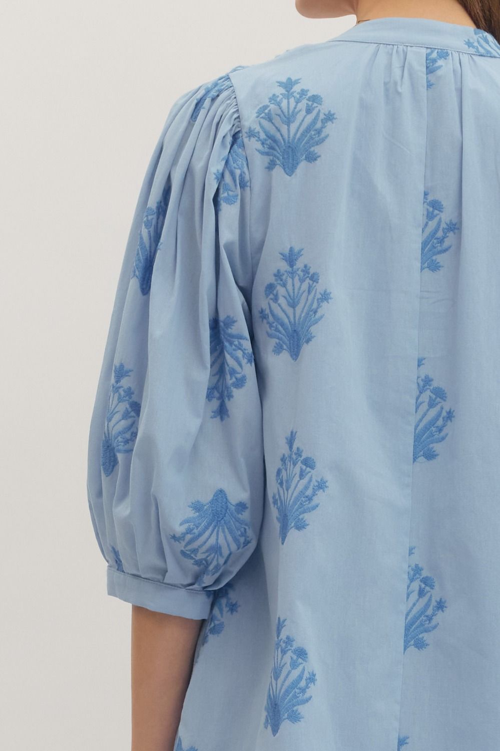 Embroidered 3/4 Puff Sleeve Mini Dress
