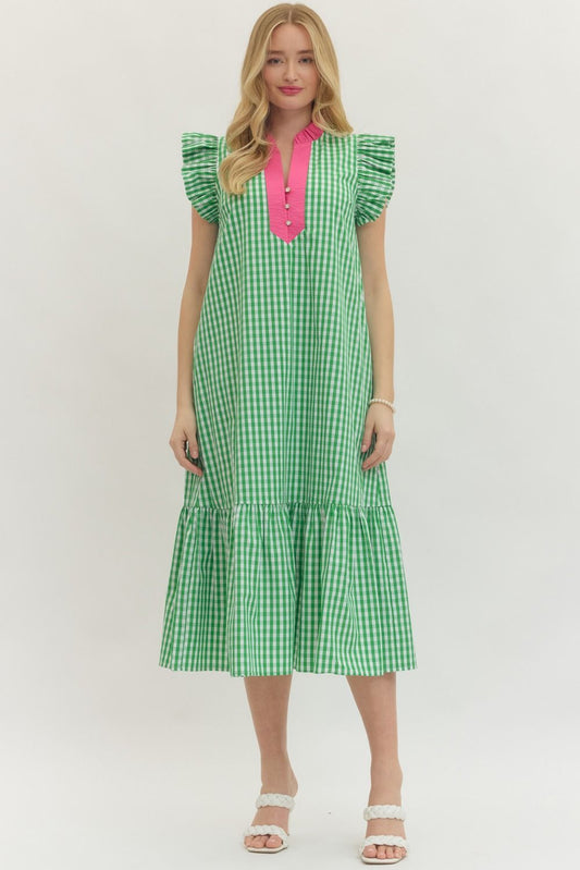 Gingham Flutter Sleeve Midi