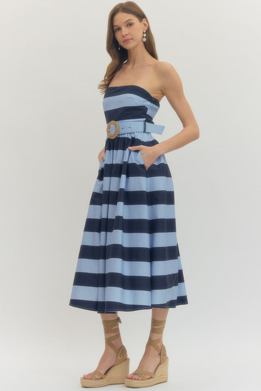Striped Strapless Midi with Buckle Detail