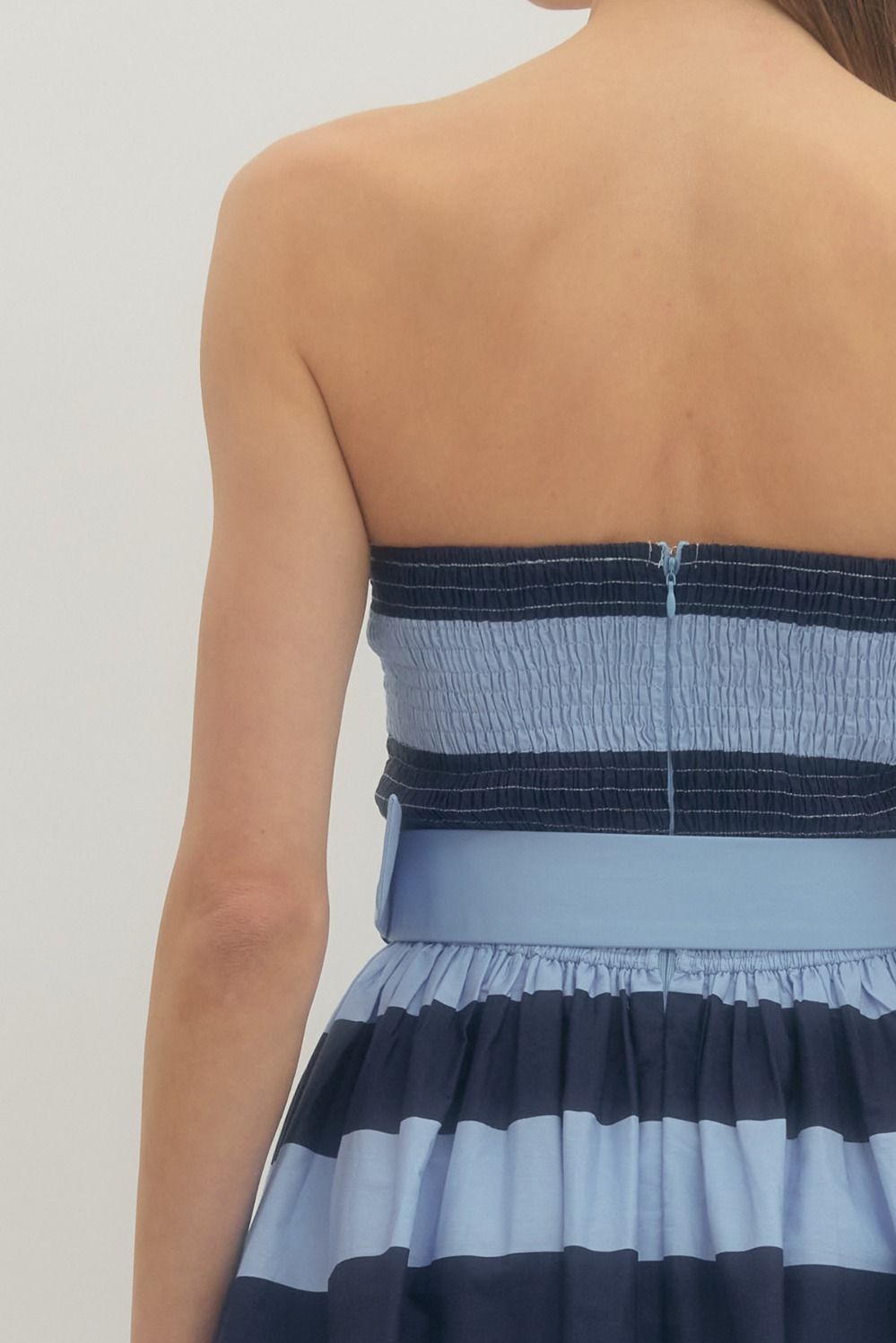 Striped Strapless Midi with Buckle Detail