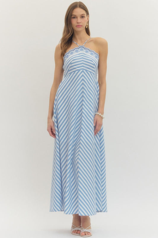 Blue Striped Halter Dress