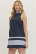 Navy Sleeveless Mini Dress Tie Closure at Back Neckline