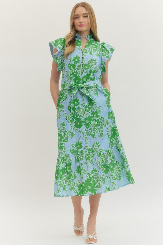 Apple Green Floral Eyelet Midi with Tie Waist