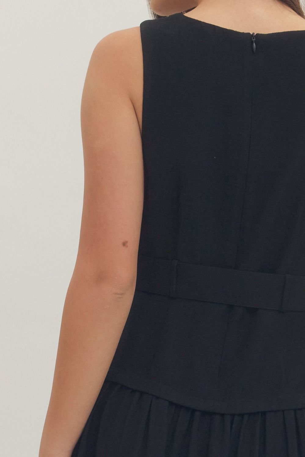 Black Sleeveless Midi with Gold Buckle