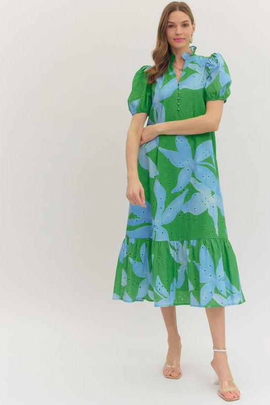Green Botanical Puff Sleeve Midi