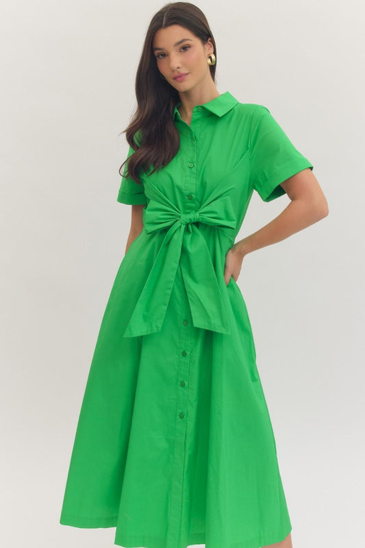 Solid Short Sleeve Midi with Bow Waist